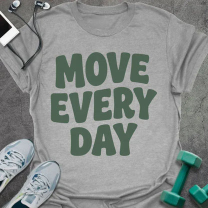 Sport grey t-shirt printed with "Move Every Day" in green
