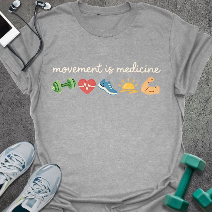 Sport grey t-shirt printed with "movement is medicine" in multicolor, with emoji icons of different exercises