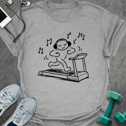 Sport grey t-shirt with stick figure on treadmill with headphones