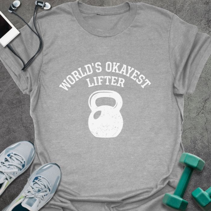 Sport grey t-shirt printed with "World's Okayest Lifter", with kettlebell