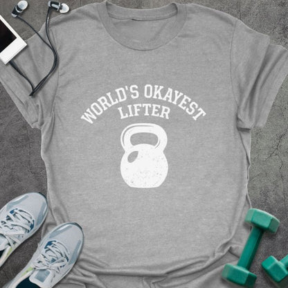 Sport grey t-shirt printed with "World's Okayest Lifter", with kettlebell