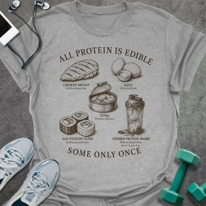 Sport Grey t-shirt printed with "ALL PROTEIN IS EDIBLE" in black text with sepia-tone engraving style illustrations and 'SOME ONLY ONCE' at bottom
