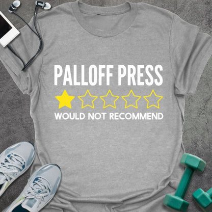 Sport grey t-shirt printed with "Palloff Press Would Not Recommend" in white and yellow, with yellow and white stars