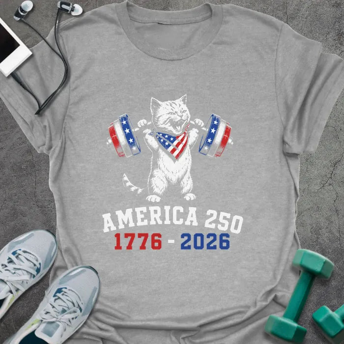 Sport grey t-shirt with an American flag cat with dumbbells graphic in white and red