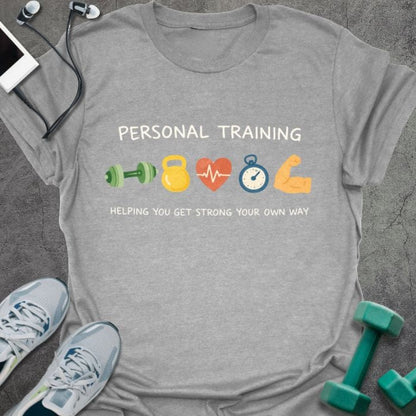 Sport grey t-shirt printed with "Personal Training Helping You Get Strong Your Own Way" in green, yellow, red, blue, orange, with dumbbell, kettlebell, heart rate, timer, and bicep icons