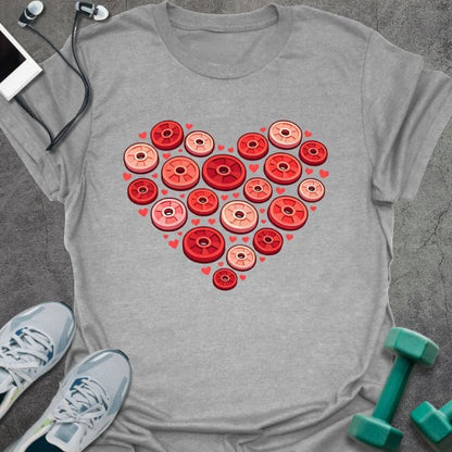 Sport grey t-shirt with weight plates arranged in a heart shape in red, tan, pink, white