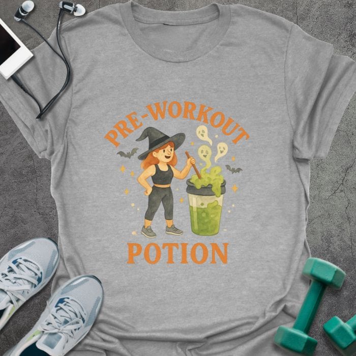 Sport grey t-shirt printed with "Pre-workout Potion" in orange and green, with an illustration of a woman and a potion bottle