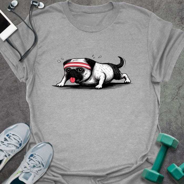 Sport grey t-shirt with pug doing planks