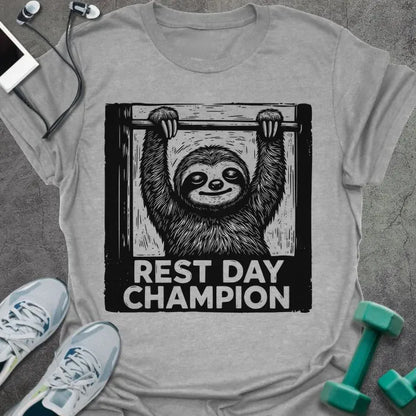 Sport grey t-shirt printed with "Rest Day Champion" in black and white, with sloth graphic in frame
