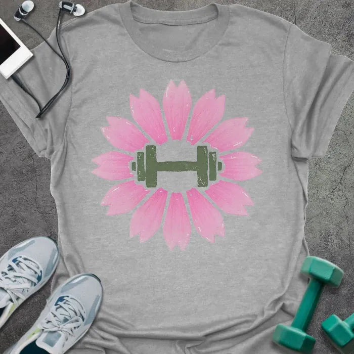Sport grey t-shirt with an illustration of pink sakura flowers surrounding a dumbbell in pink and green