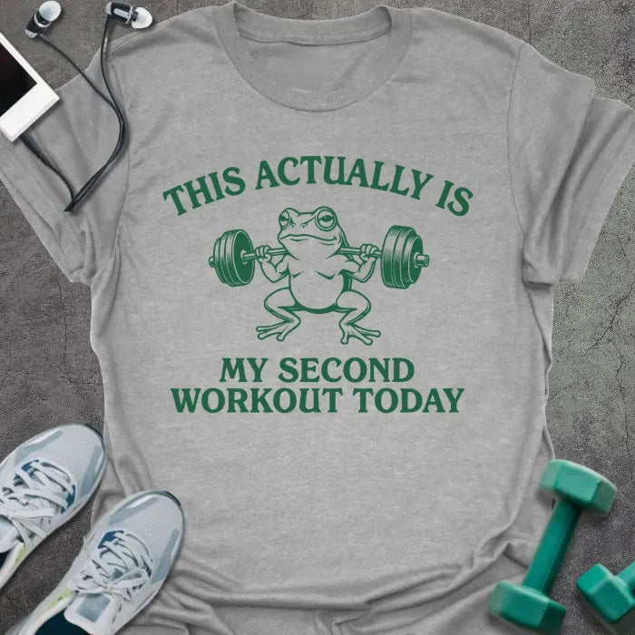 Sport grey t-shirt printed with "This Actually is my Second Workout Today" in green, with an illustration of a frog lifting barbell
