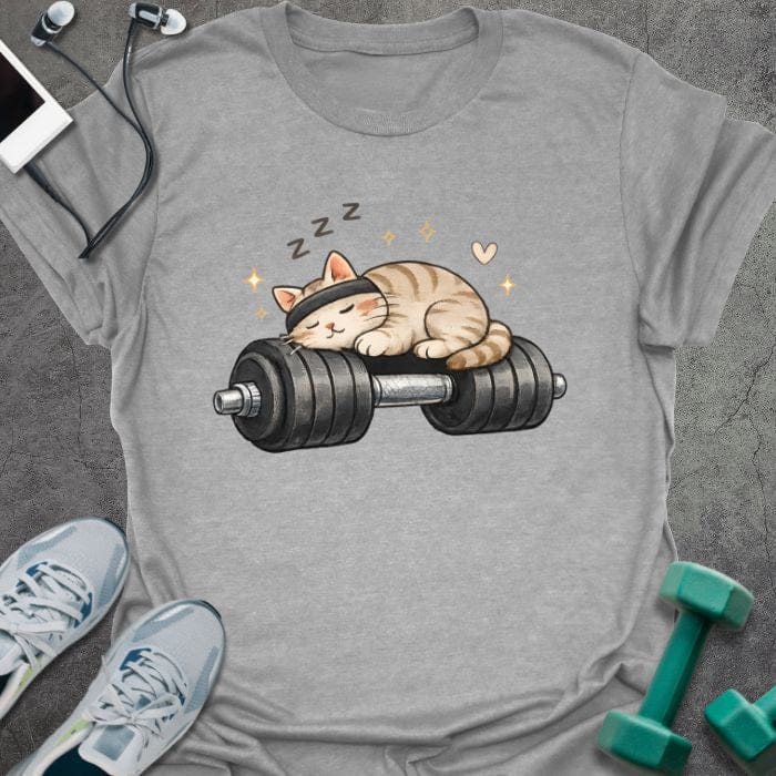 Sport grey t-shirt with a sleeping cat on a dumbbell in tan, white