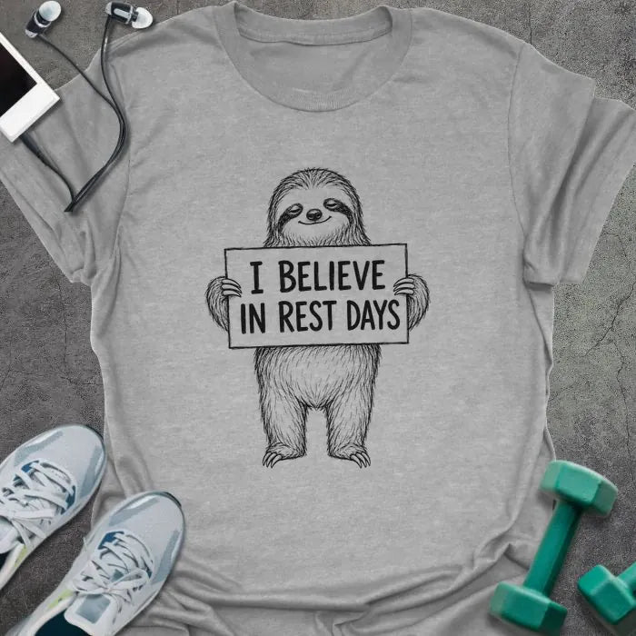 Sport grey t-shirt printed with "I BELIEVE IN REST DAYS" in black, with sloth holding sign