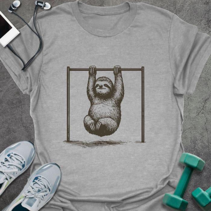 Sport grey t-shirt with sloth hanging from bar