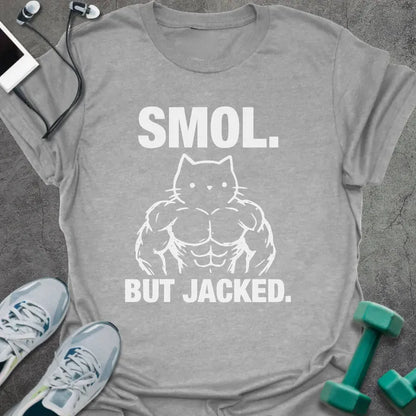 Sport grey t-shirt printed with "Smol. but Jacked.", with an illustration of a muscular cat