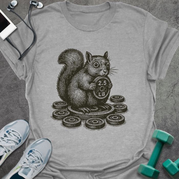 Sport grey t-shirt with squirrel holding dumbbells surrounded by weights