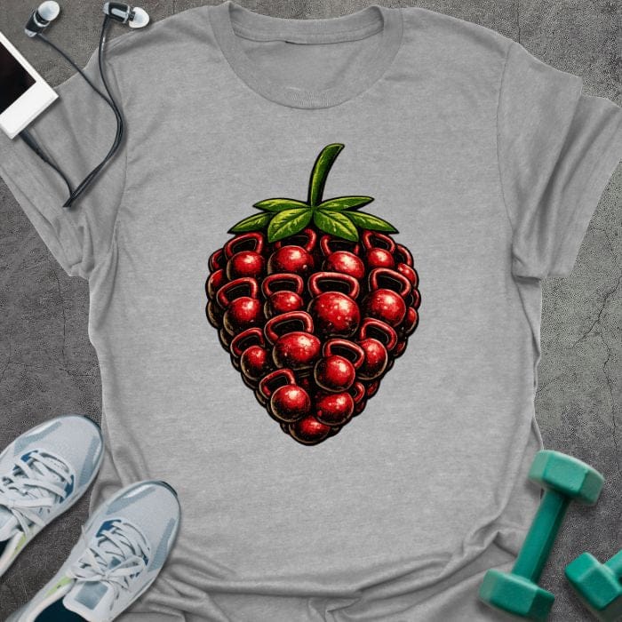Sport grey t-shirt with an illustration of a strawberry in red and green