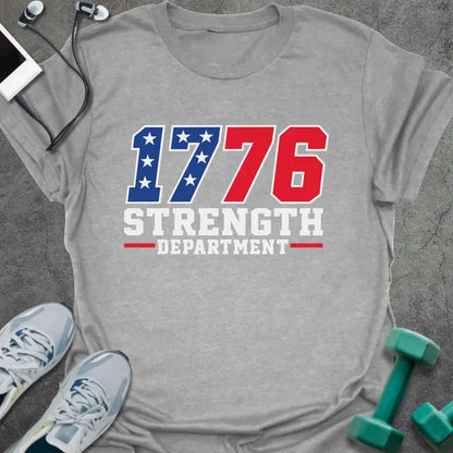 Sport grey t-shirt printed with "1776 Strength Department" in red, white, and blue
