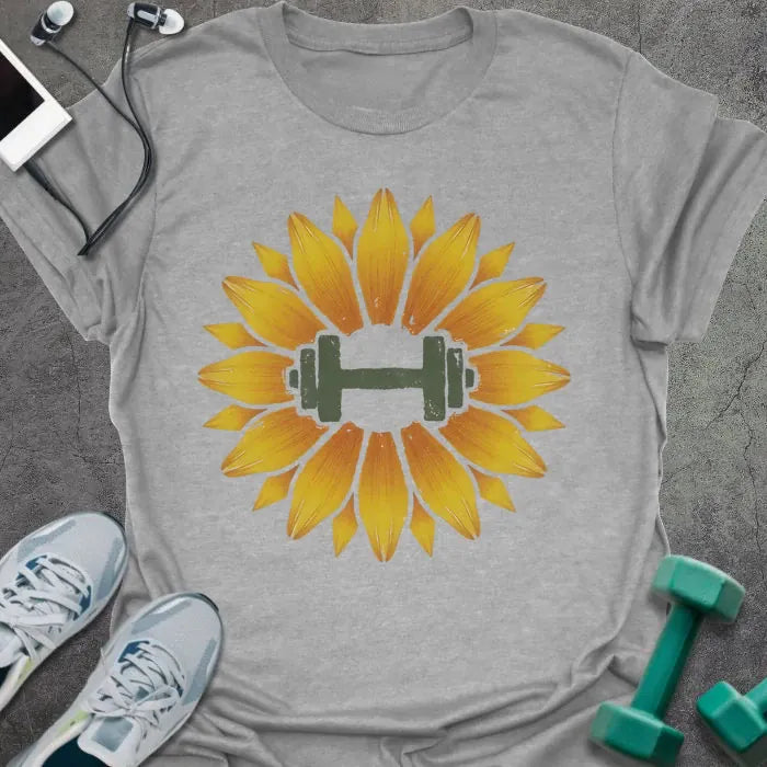 Sport grey t-shirt with an illustration of a sunflower surrounding a dumbbell in yellow and green