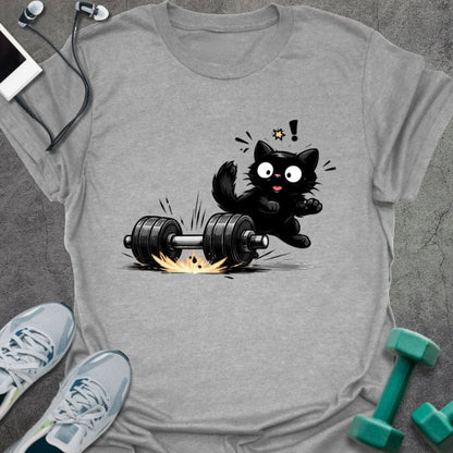 Sport grey t-shirt with an illustration of a surprised black cat and dumbbells in black