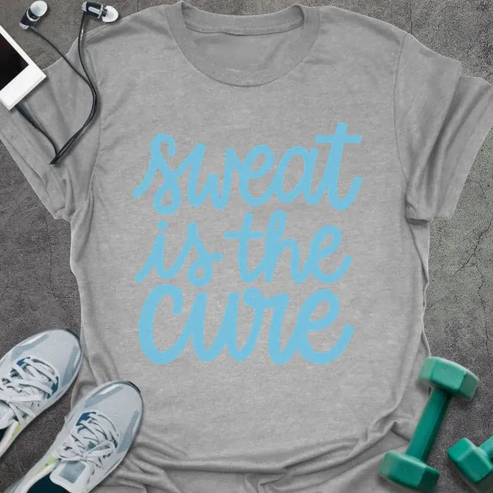 Sport grey t-shirt printed with "sweat is the cure" in blue