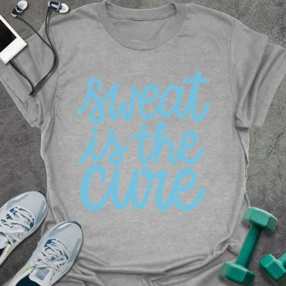 Sport grey t-shirt printed with "sweat is the cure" in blue