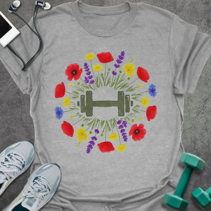 Sport grey t-shirt with an illustration of multicolor wildflowers surrounding a dumbbell in multicolor