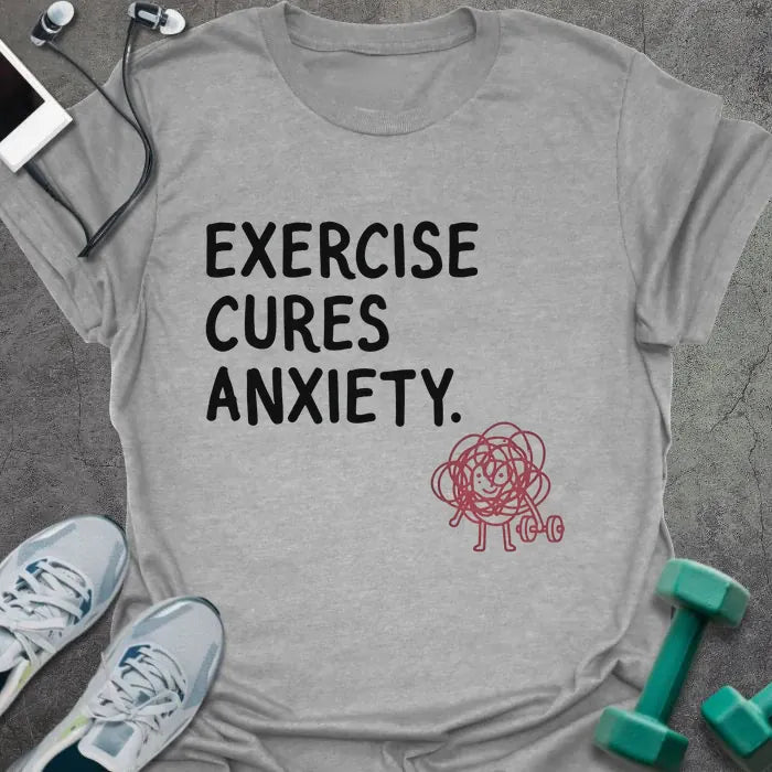 Sport grey t-shirt printed with "Exercise Cures Anxiety." in red, with a tangled ball figure