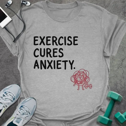 Sport grey t-shirt printed with "Exercise Cures Anxiety." in red, with a tangled ball figure