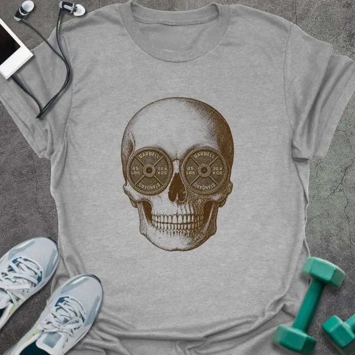 Sport Grey t-shirt with Skull illustration with barbell weights as eye sockets, in brown sepia-tone engraving style
