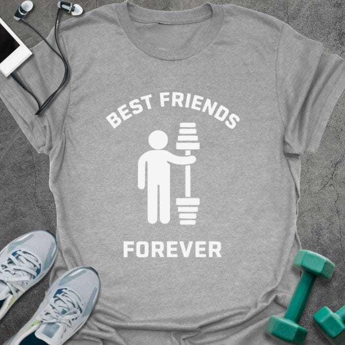 Sport grey t-shirt printed with "Best Friends Forever", with a stick figure and dumbbells