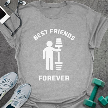 Sport grey t-shirt printed with "Best Friends Forever", with a stick figure and dumbbells