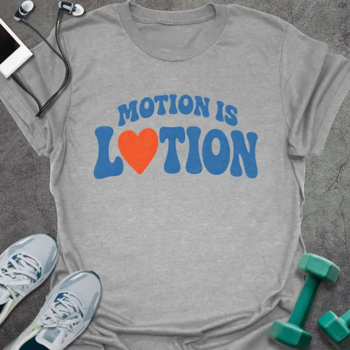 Sport Grey t-shirt printed with "MOTION IS LOTION" in blue and orange, with heart icon