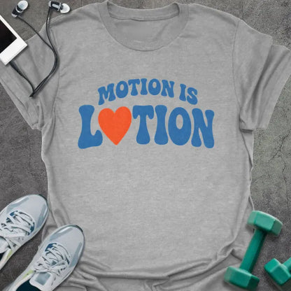 Sport Grey t-shirt printed with "MOTION IS LOTION" in blue and orange, with heart icon