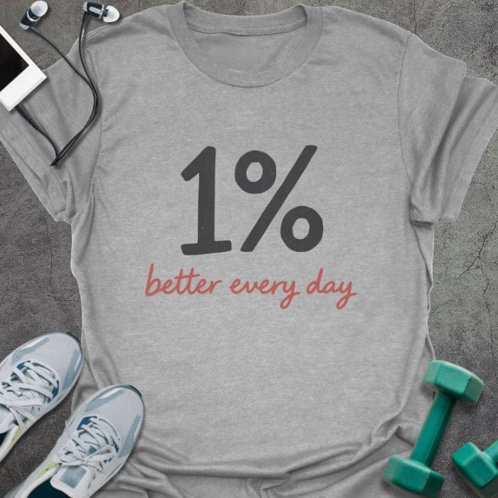 Sport grey t-shirt printed with "1% better every day" in black, rust red