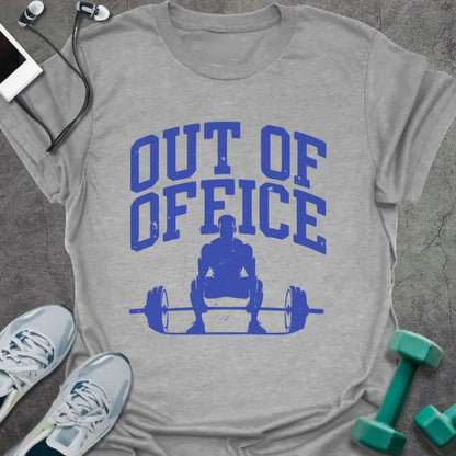 Sport grey t-shirt printed with "Out of Office" in blue, with a figure squatting