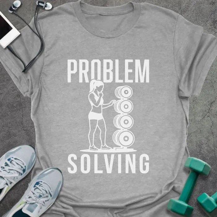 Sport grey t-shirt printed with "Problem Solving", with an illustration of a woman flexing with stacked weights
