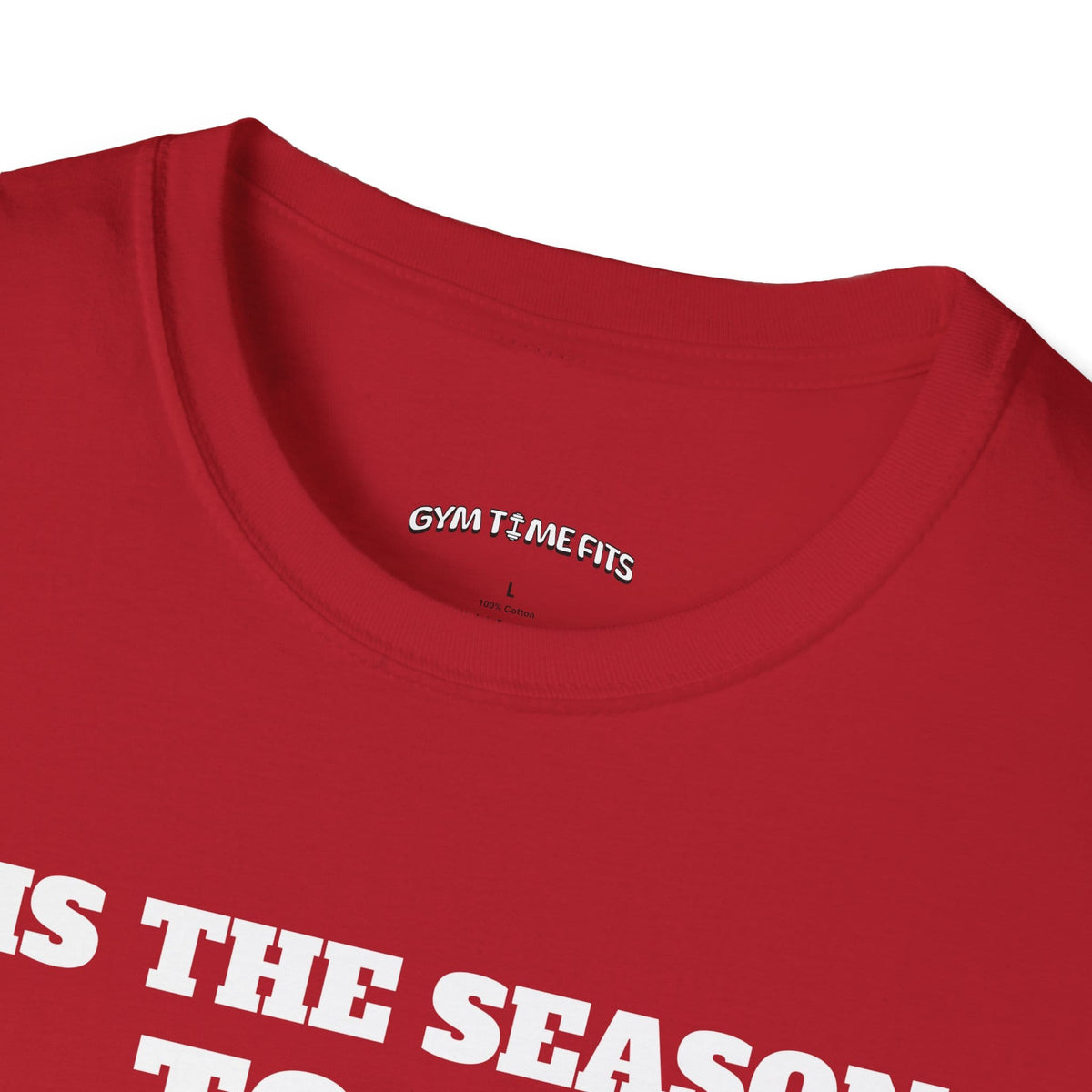 Close-up of the cherry red t-shirt collar with the Gym Time Fits neck label