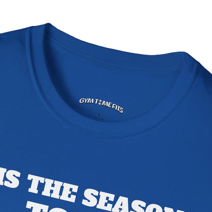 Close-up of the royal blue t-shirt collar with the Gym Time Fits neck label