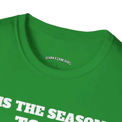 Close-up of the Irish green t-shirt collar with the Gym Time Fits neck label