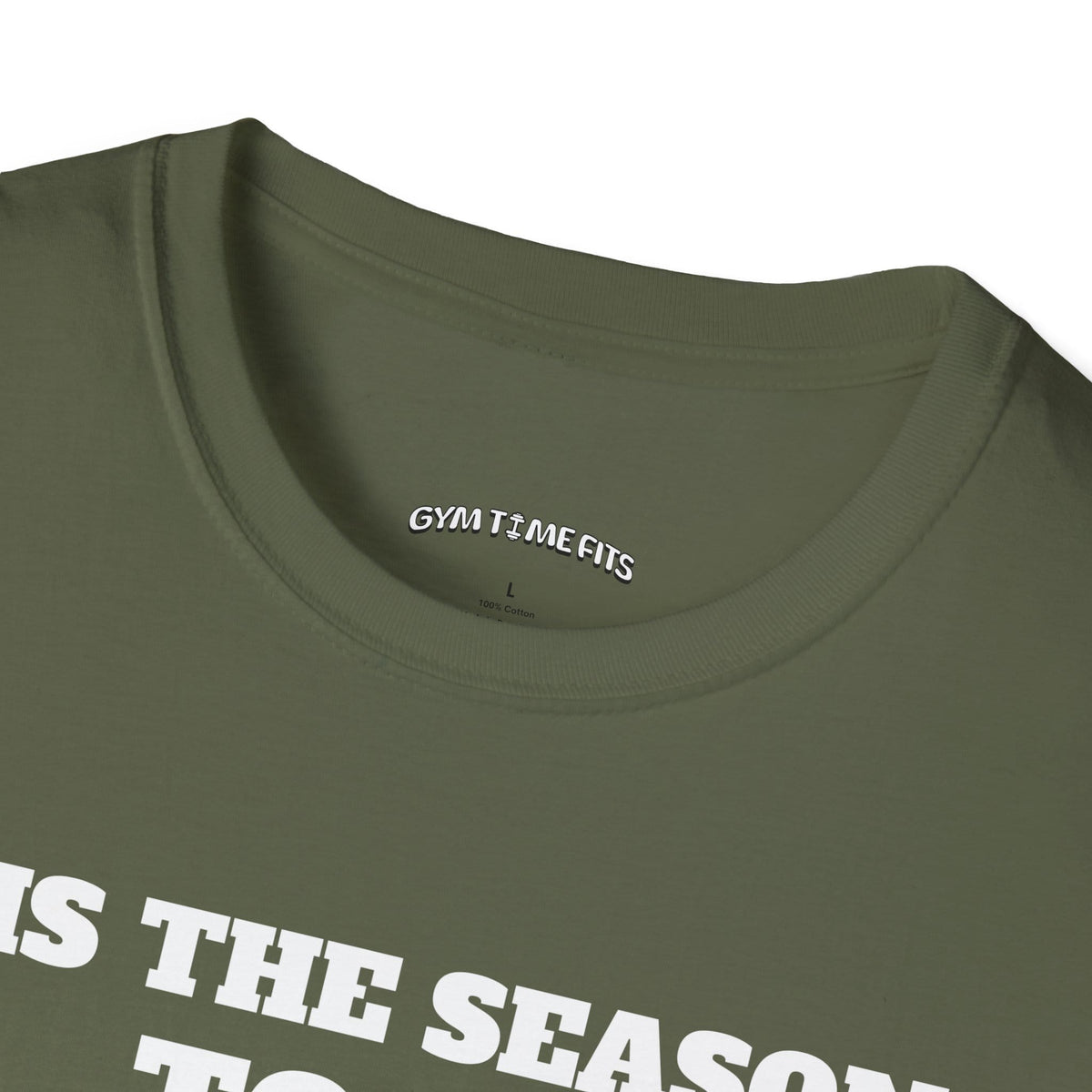 Close-up of the military green t-shirt collar with the Gym Time Fits neck label