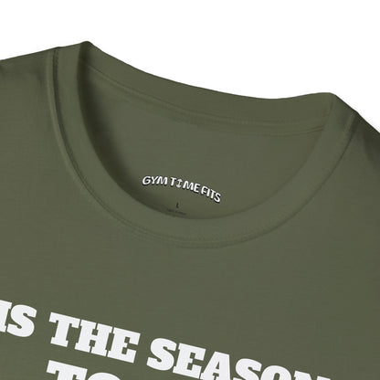 Close-up of the military green t-shirt collar with the Gym Time Fits neck label