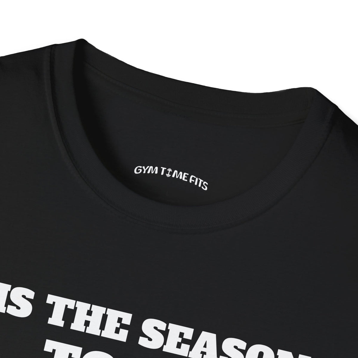 Close-up of the black t-shirt collar with the Gym Time Fits neck label