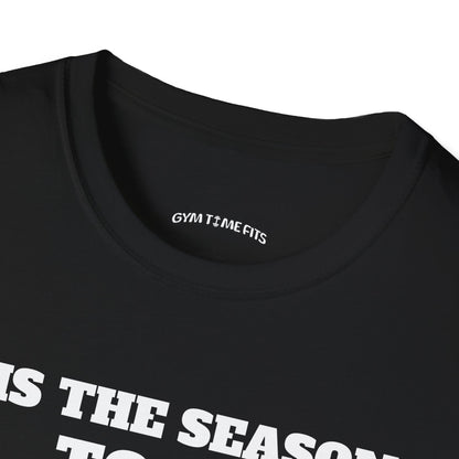Close-up of the black t-shirt collar with the Gym Time Fits neck label