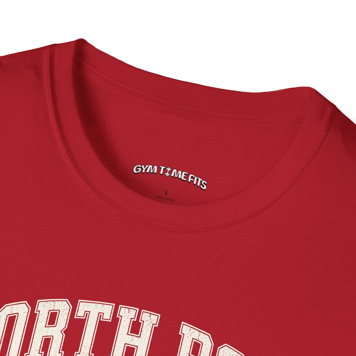 Close-up of the cherry red t-shirt collar with the Gym Time Fits neck label