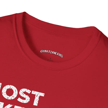 Close-up of the cherry red t-shirt collar with the Gym Time Fits neck label