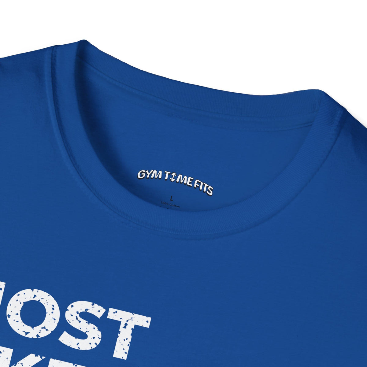 Close-up of the royal blue t-shirt collar with the Gym Time Fits neck label