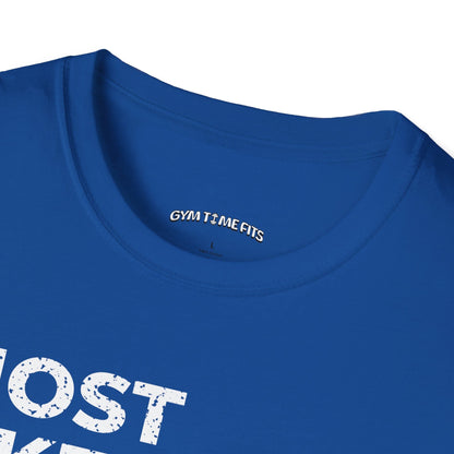 Close-up of the royal blue t-shirt collar with the Gym Time Fits neck label