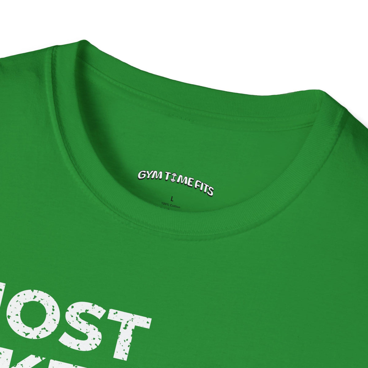 Close-up of the Irish green t-shirt collar with the Gym Time Fits neck label