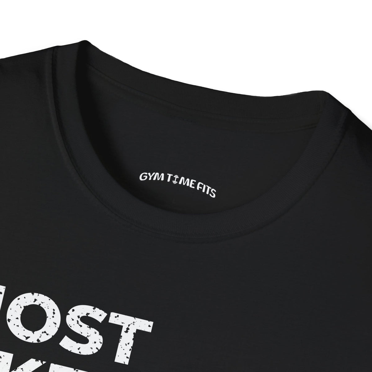 Close-up of the black t-shirt collar with the Gym Time Fits neck label